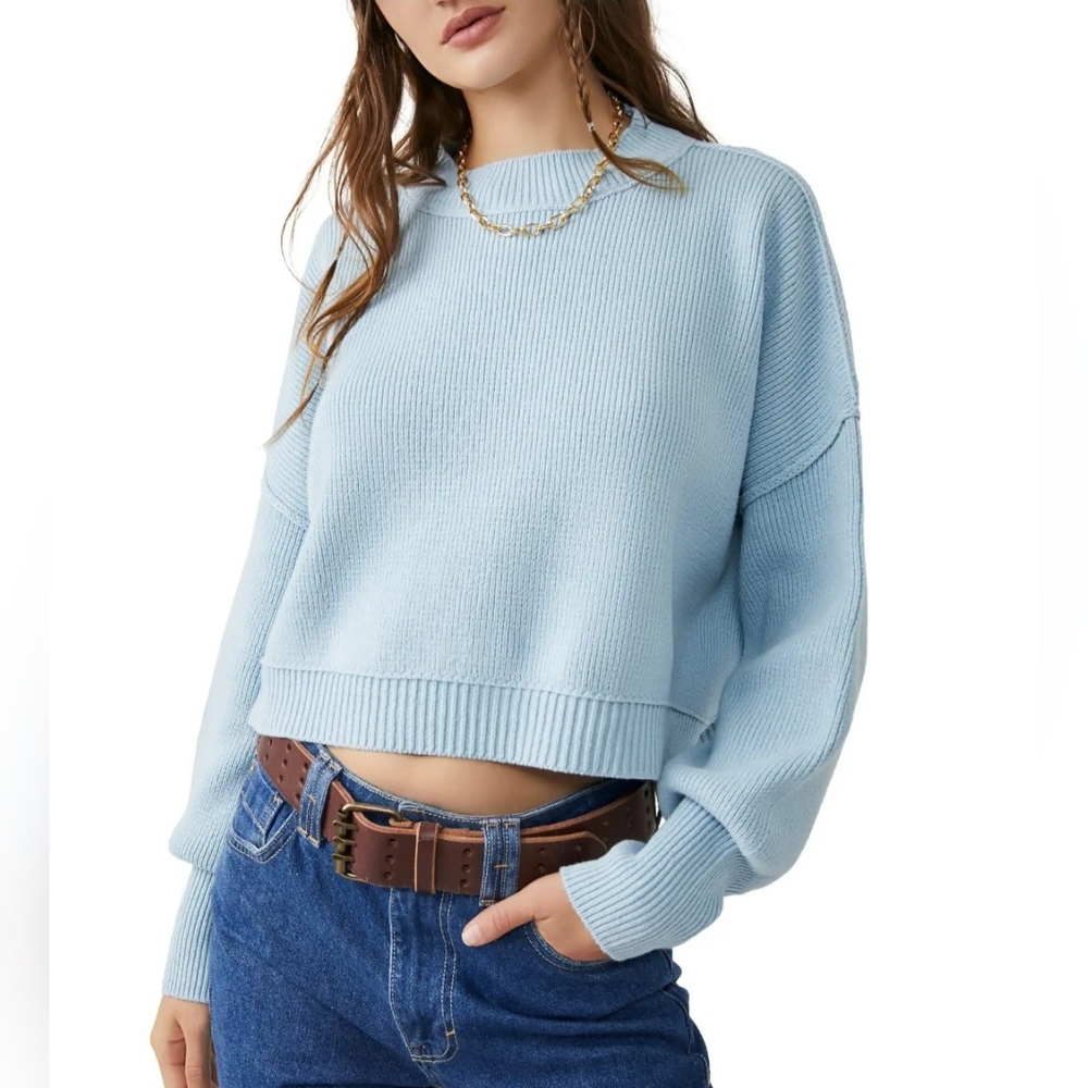 Free People Cropped Ribbed Sweater in Light Blue